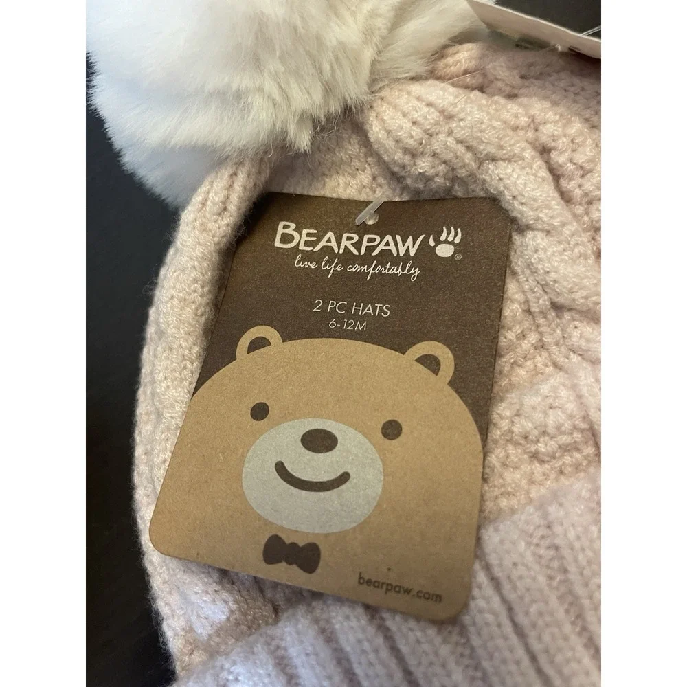 Bearpaw Baby Beanie Hat 2 Pack Set Light Pink White Pom Pom 6-12M BNE32286-I NEW